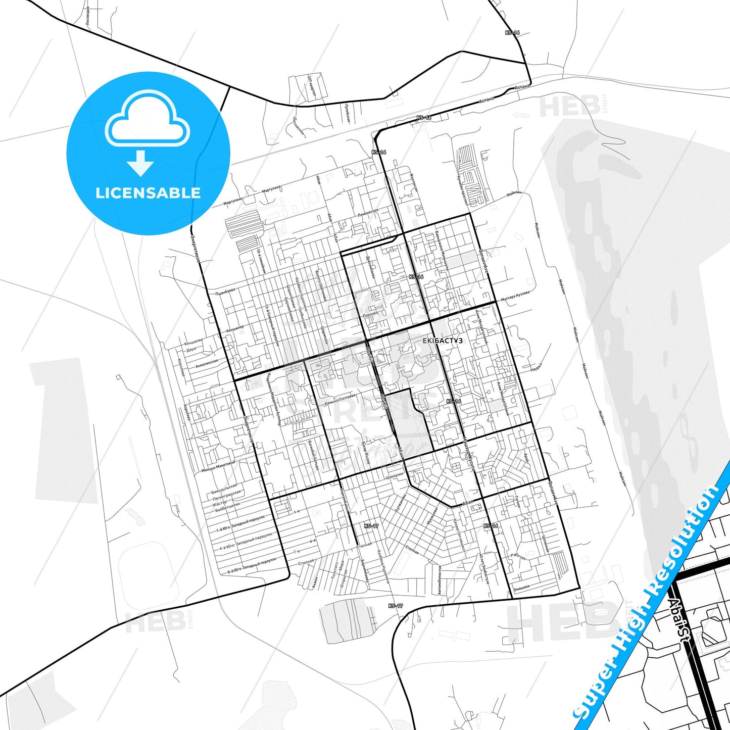 Ekibastuz, Kazakhstan Light Map with Street Names, City Names, and Districts