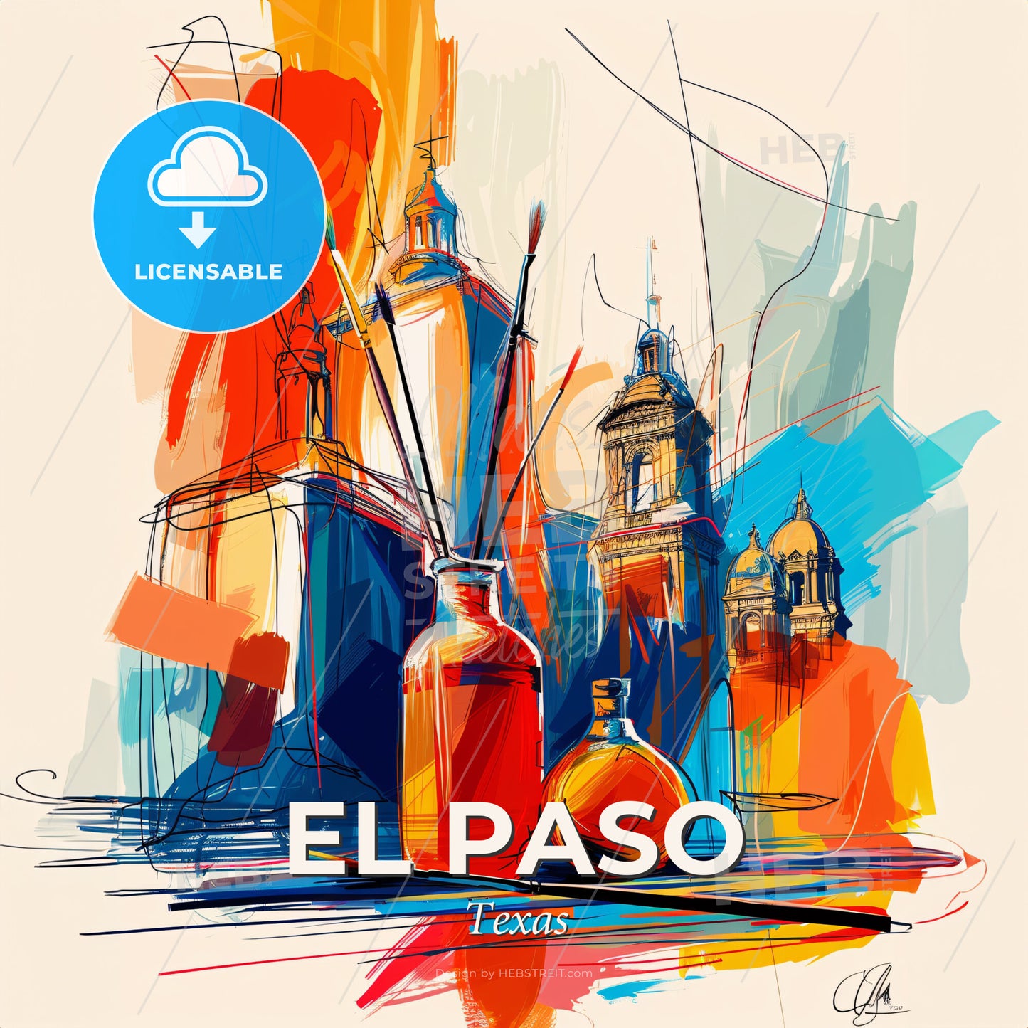 Vibrant El Paso, Texas - A Painting Of A City With A Bottle Of Oil - Square format print template