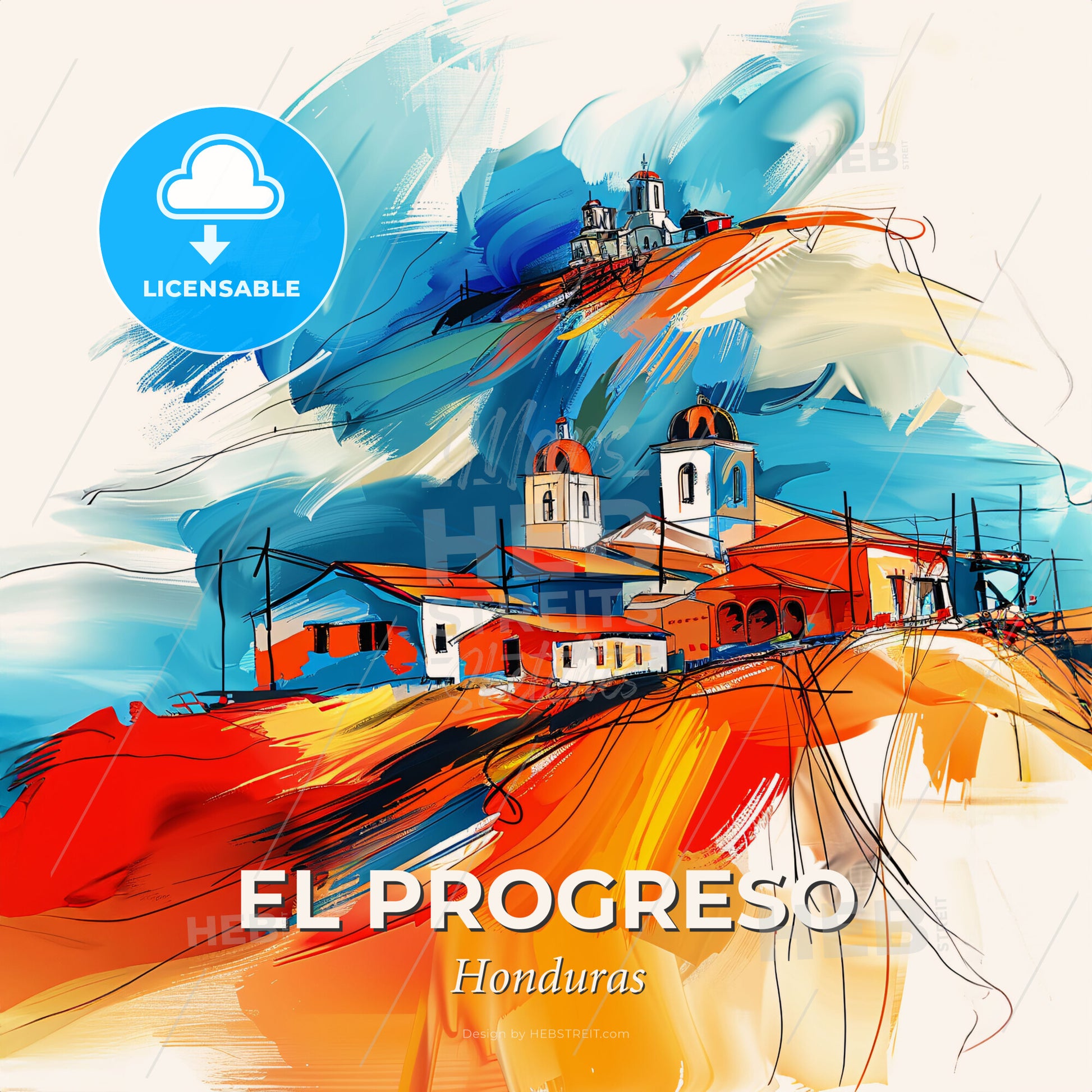 Vibrant El Progreso, Honduras - A Painting Of A Village On A Hill - Square format print template