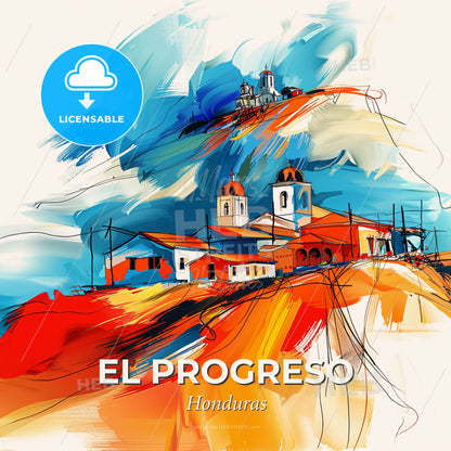 Vibrant El Progreso, Honduras - A Painting Of A Village On A Hill - Square format print template