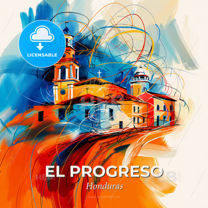 Vibrant El Progreso, Honduras - A Painting Of A Church - Square format print template