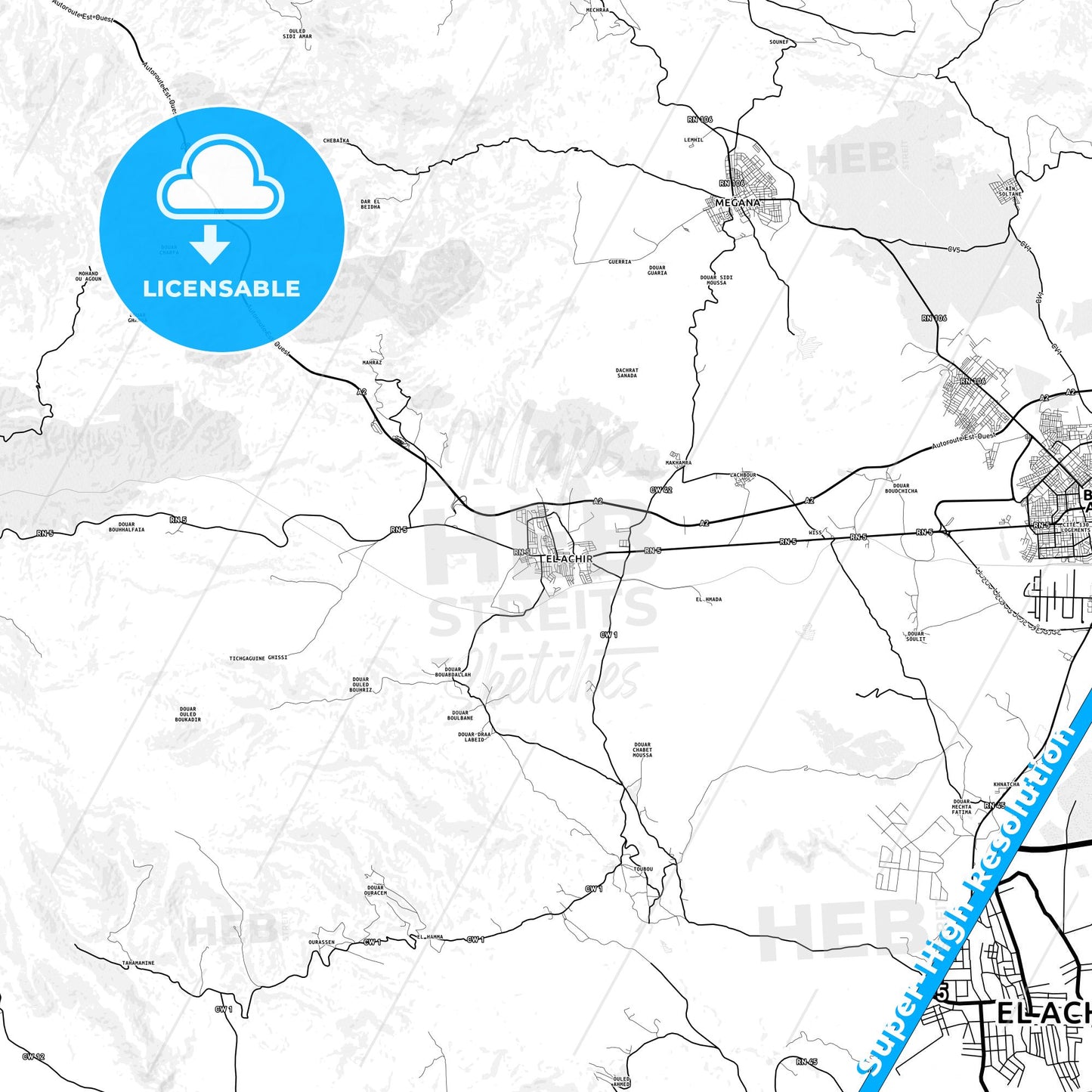 El Achir, Algeria light map with streetnames, citynames and districts