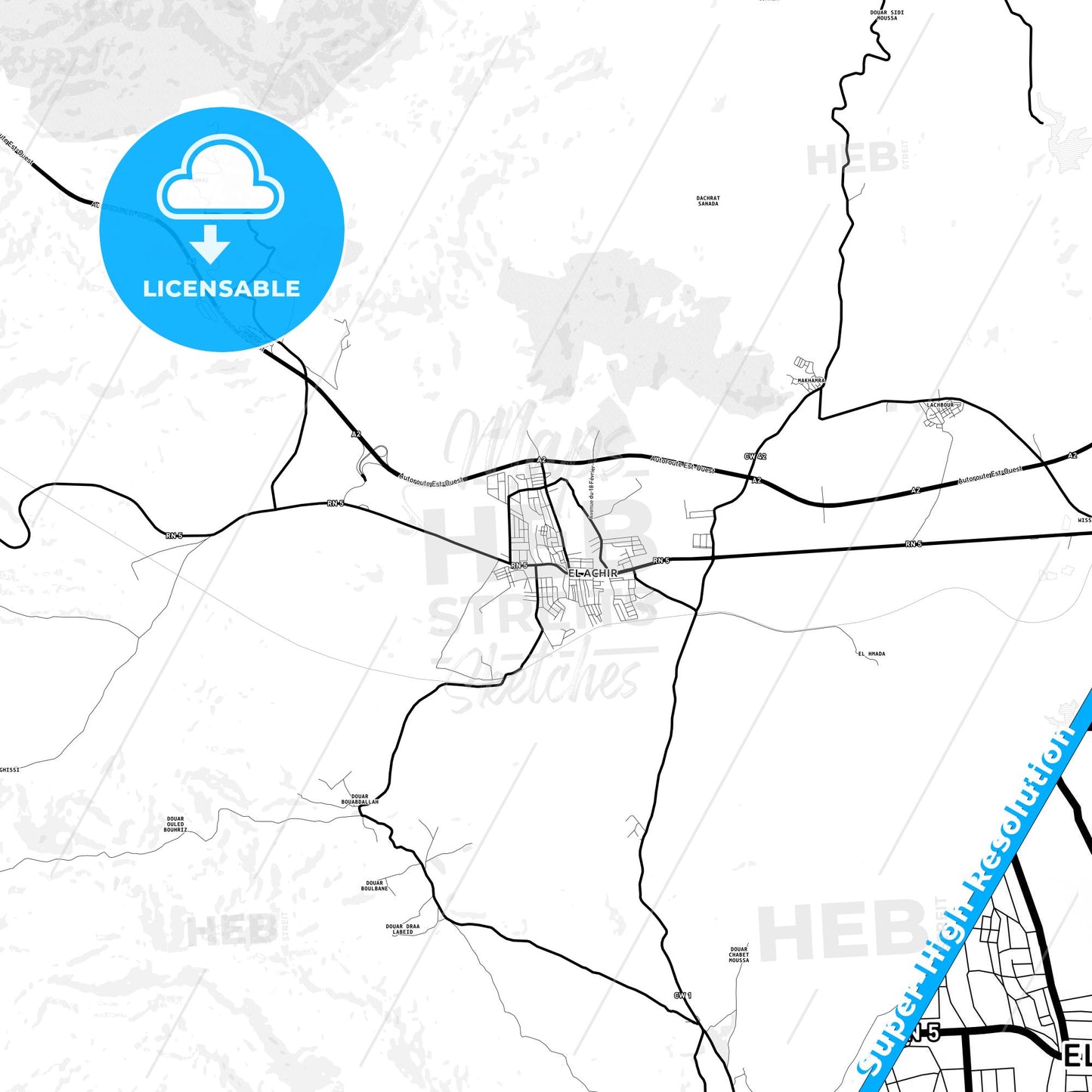 El Achir, Algeria Light Map with Street Names, City Names, and Districts