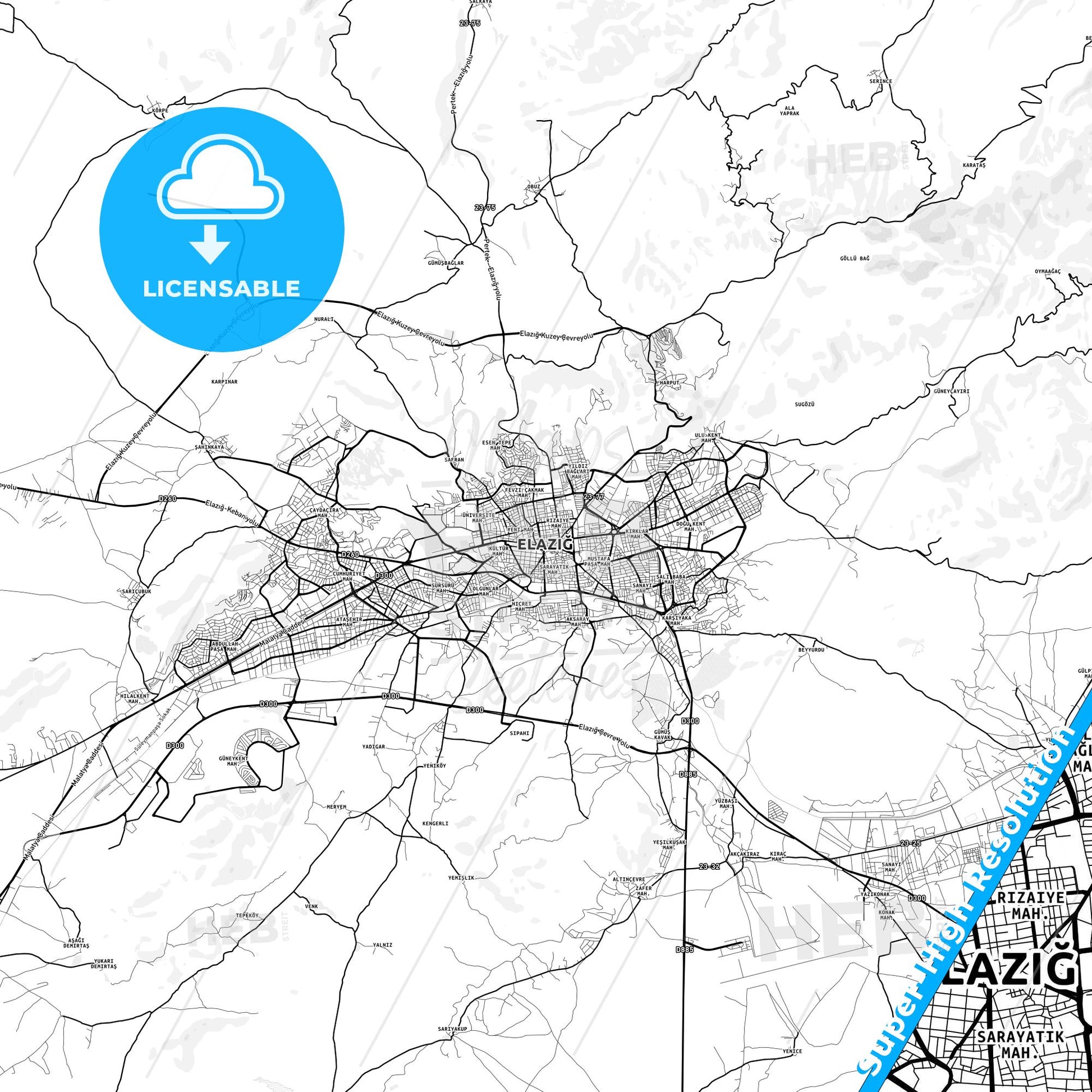 Elâzığ, Turkey light map with streetnames, citynames and districts