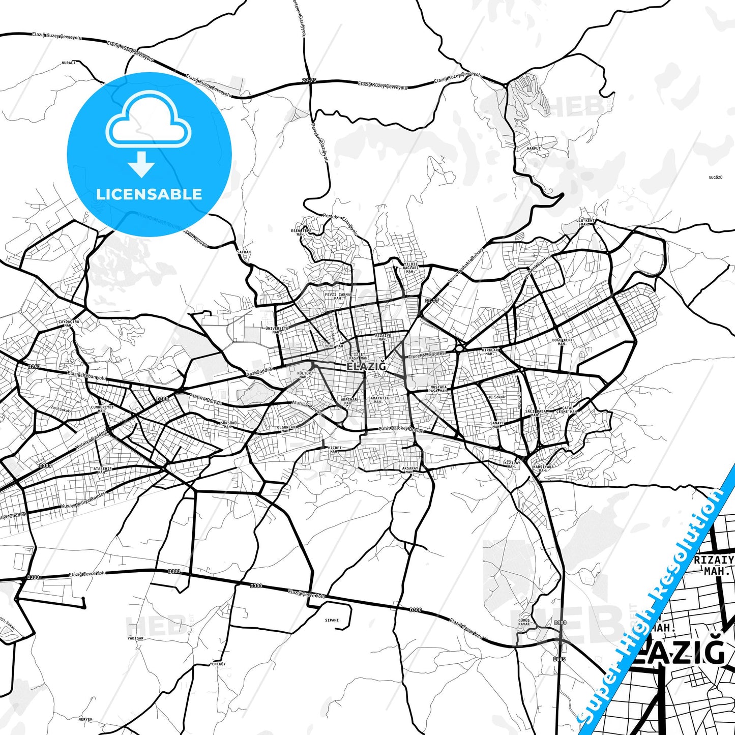 Elâzığ, Turkey Light Map with Street Names, City Names, and Districts