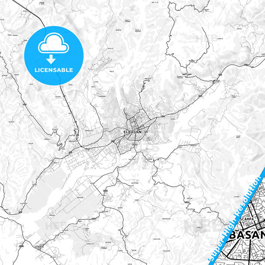 Elbasan, Albania light map with streetnames, citynames and districts