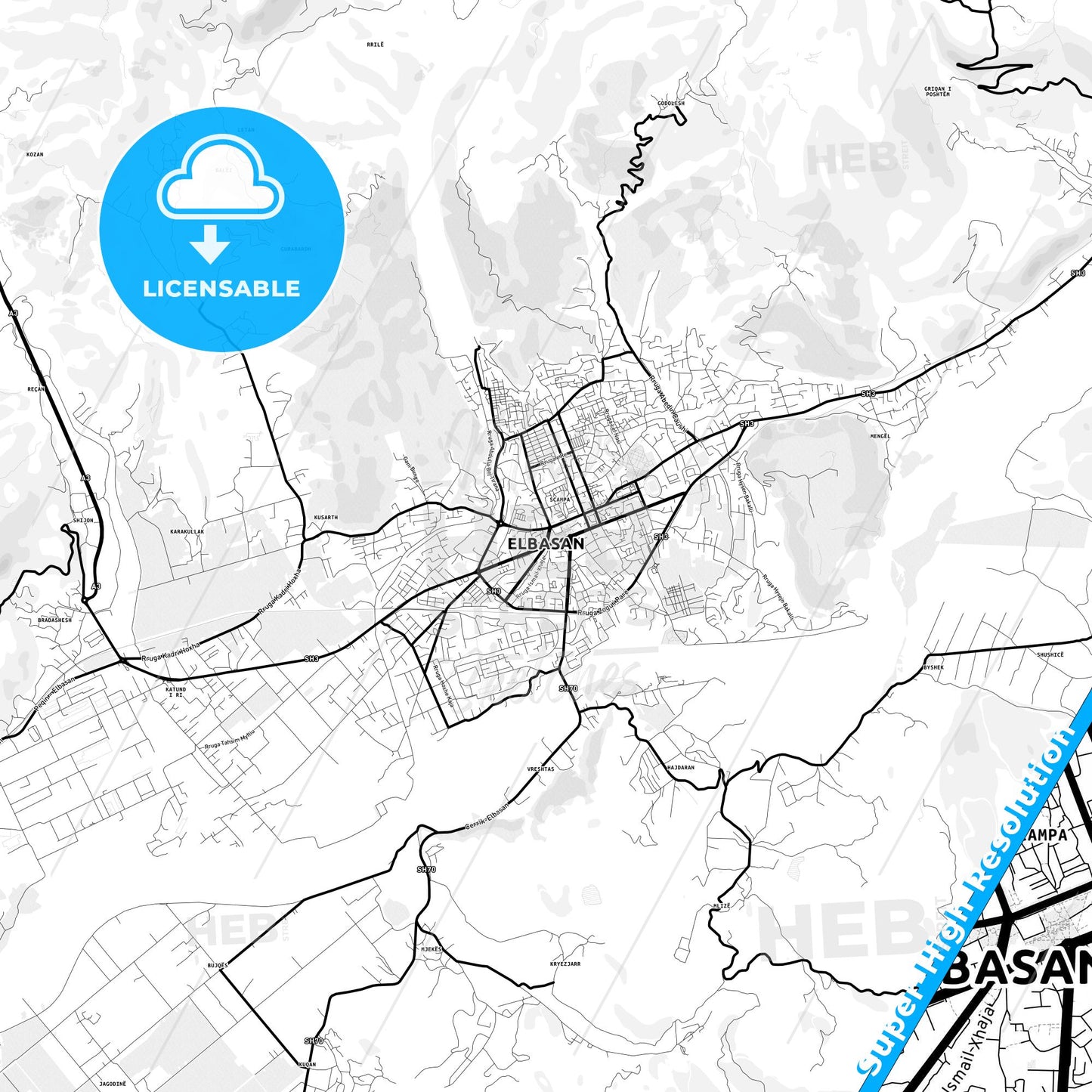 Elbasan, Albania Light Map with Street Names, City Names, and Districts