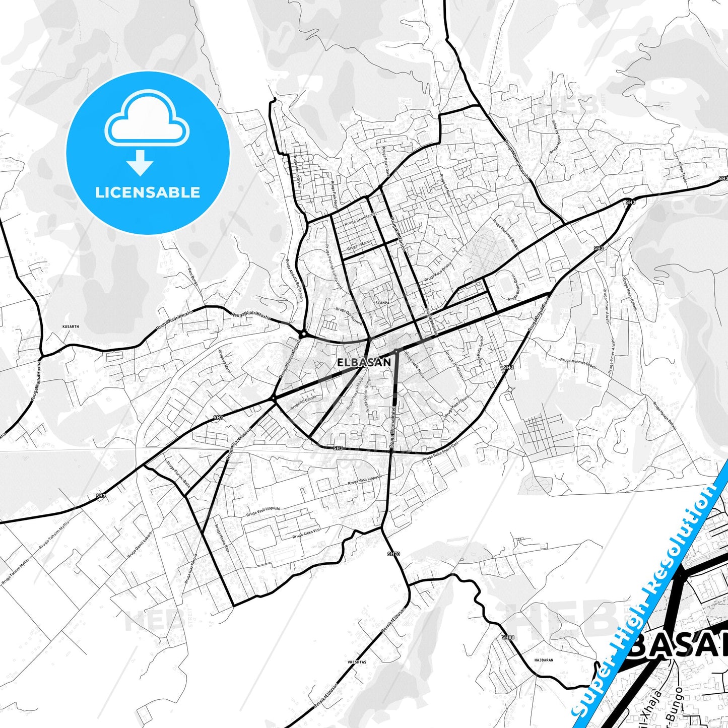Elbasan, Albania Light Map with Street Names, City Names, and Districts