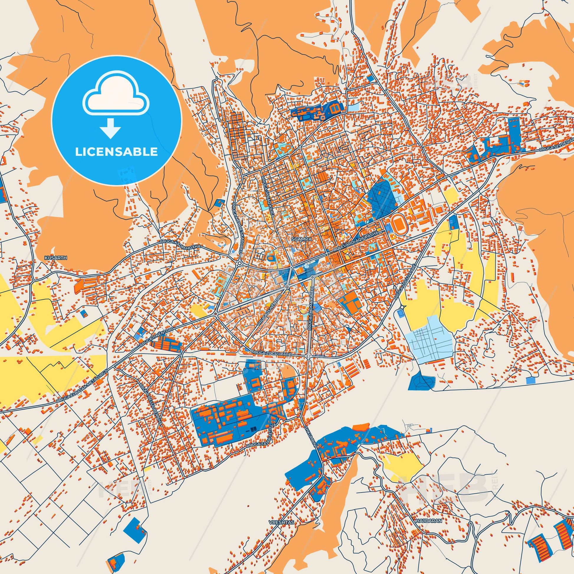Colorful Elbasan Street Map with Labels and Buildings