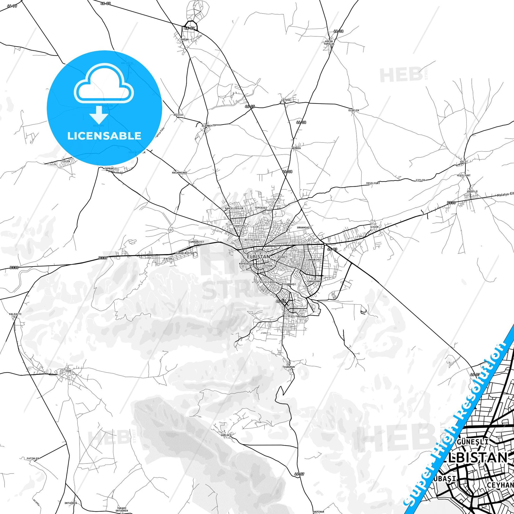 Elbistan, Turkey light map with streetnames, citynames and districts