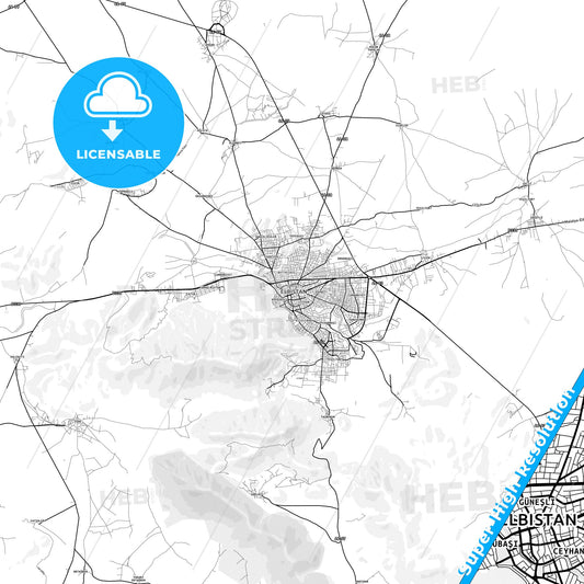 Elbistan, Turkey light map with streetnames, citynames and districts