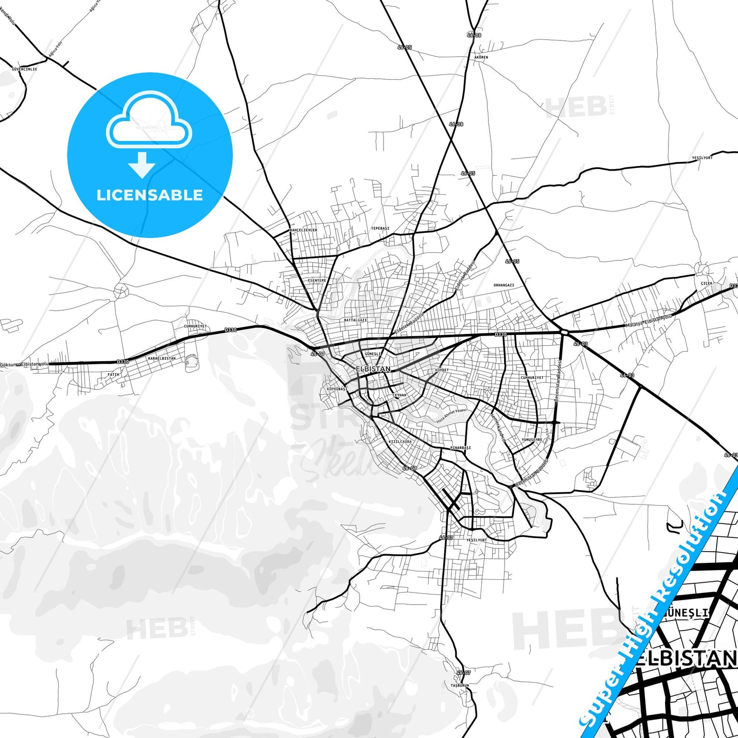 Elbistan, Turkey Light Map with Street Names, City Names, and Districts