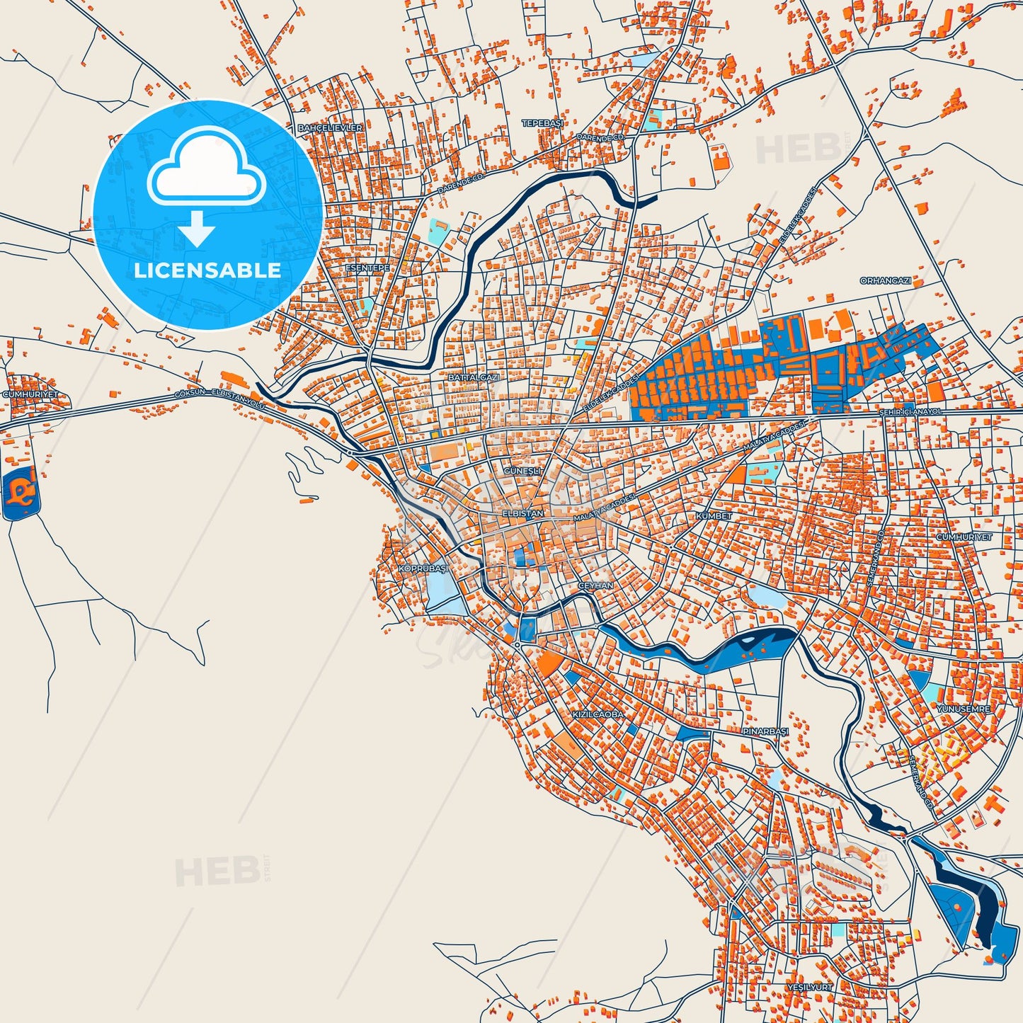 Colorful Elbistan Street Map with Labels and Buildings