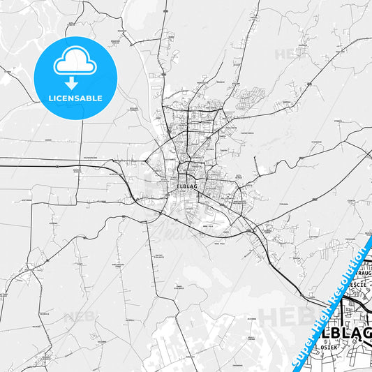 Elbląg, Poland light map with streetnames, citynames and districts