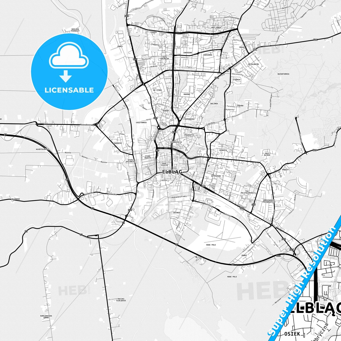 Elbląg, Poland Light Map with Street Names, City Names, and Districts