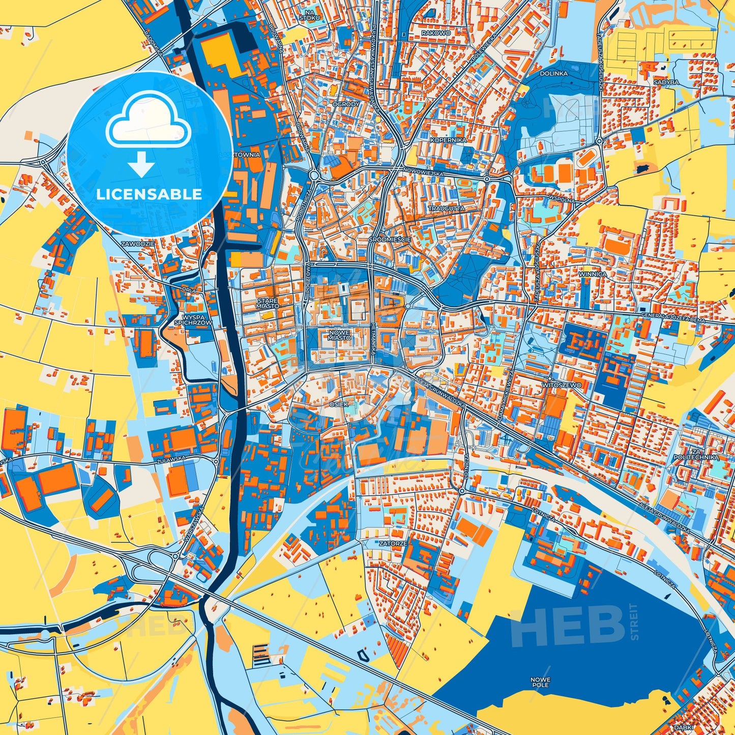 Colorful Elbląg Street Map with Labels and Buildings