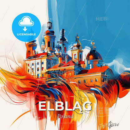 Vibrant Elbląg, Poland - A Painting Of A Building With A Fire In The Background - Square format print template