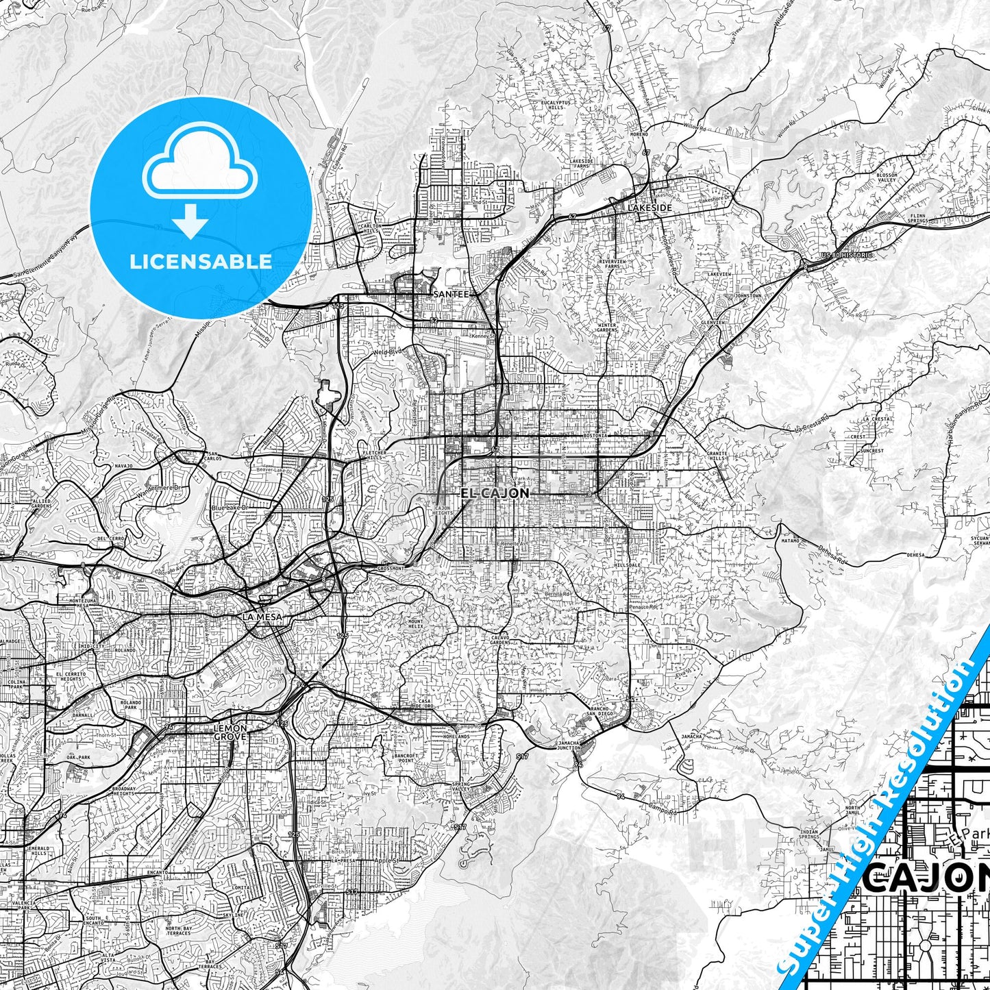 El Cajon, California light map with streetnames, citynames and districts