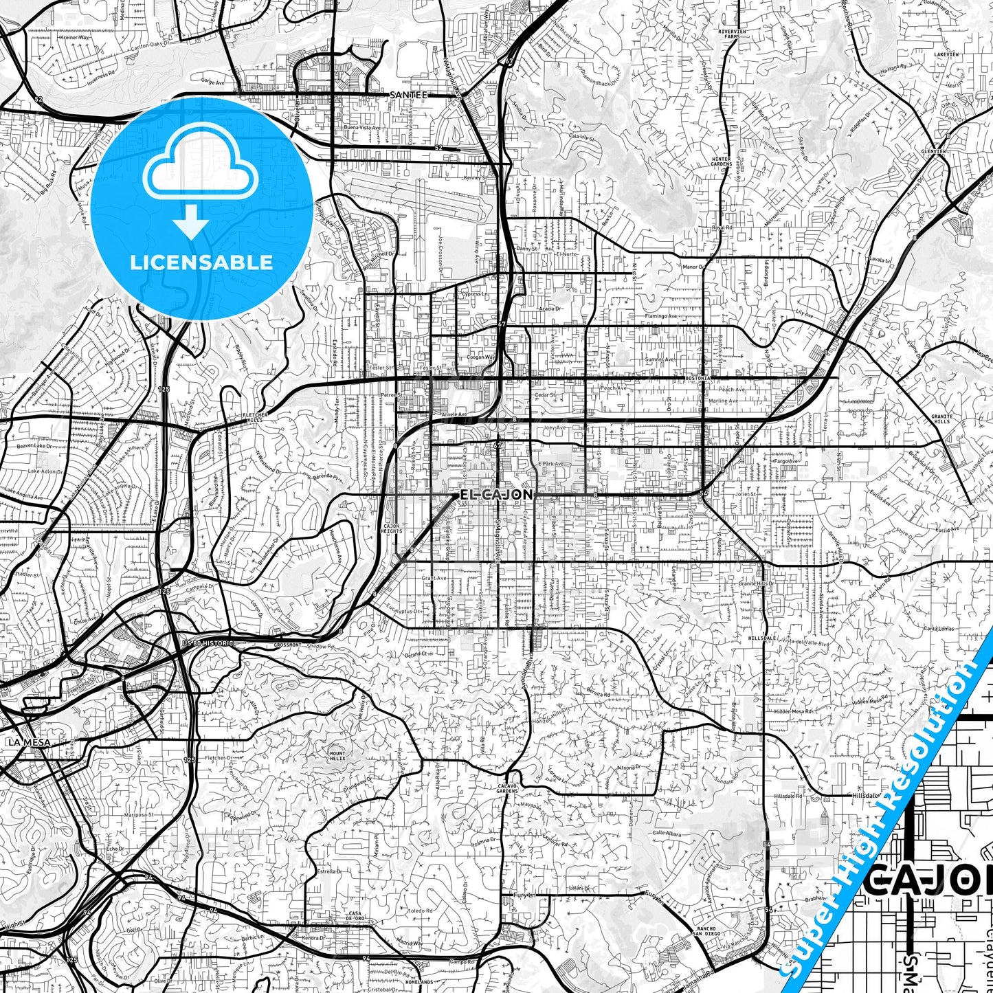 El Cajon, California Light Map with Street Names, City Names, and Districts
