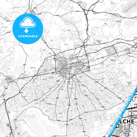 Elche, Spain light map with streetnames, citynames and districts