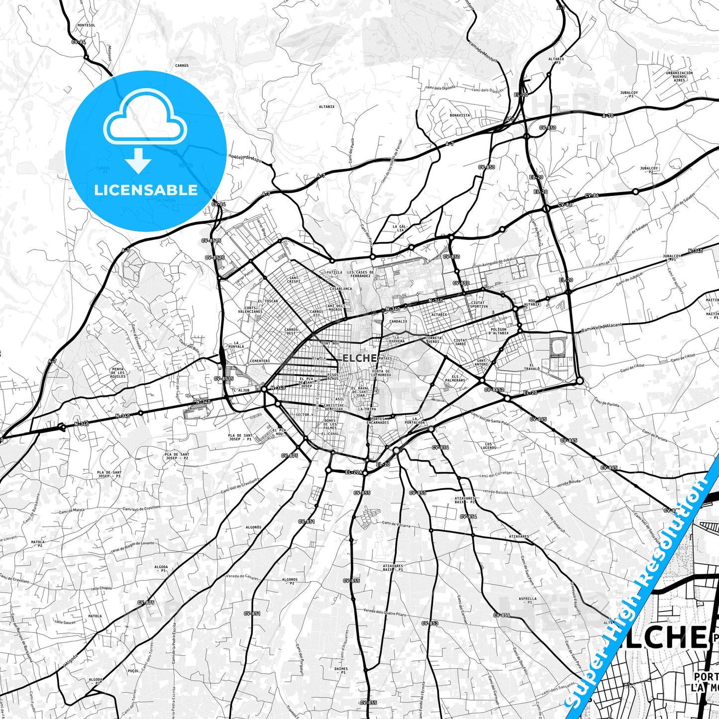 Elche, Spain Light Map with Street Names, City Names, and Districts