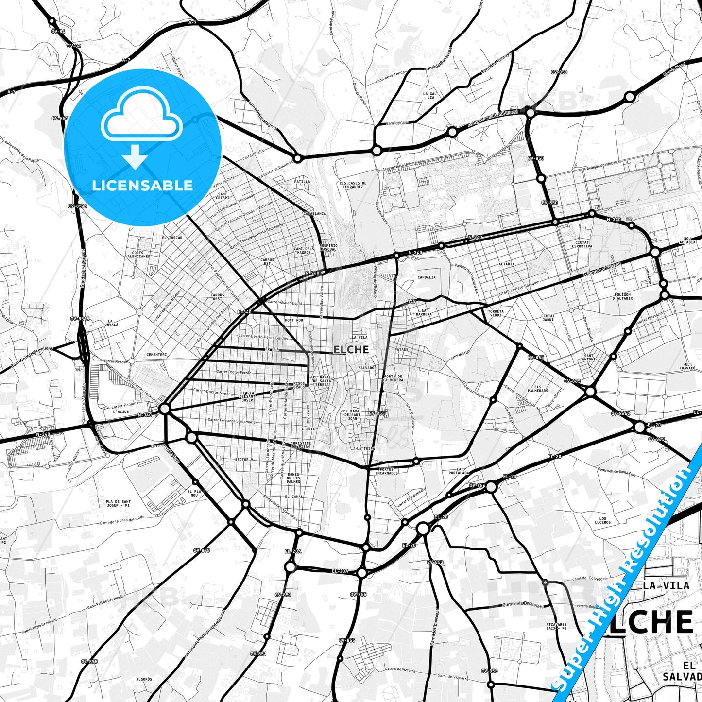 Elche, Spain Light Map with Street Names, City Names, and Districts