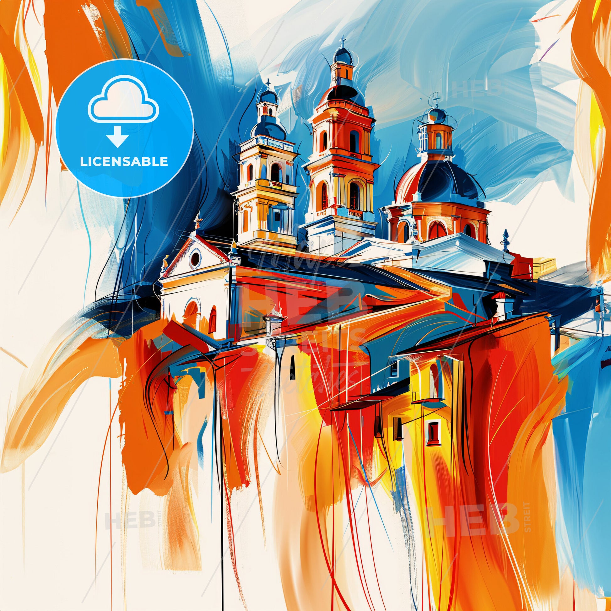 Vibrant Elche, Spain - A Painting Of A Building With Towers