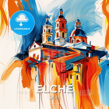 Vibrant Elche, Spain - A Painting Of A Building With Towers - Square format print template