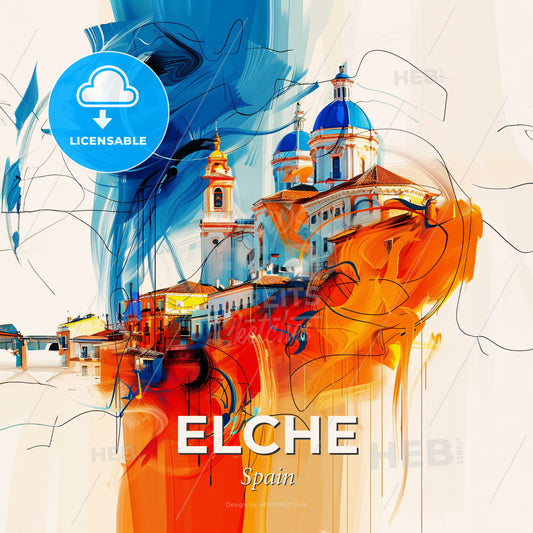 Vibrant Elche, Spain - A Painting Of A Building With Blue And Orange Colors - Square format print template