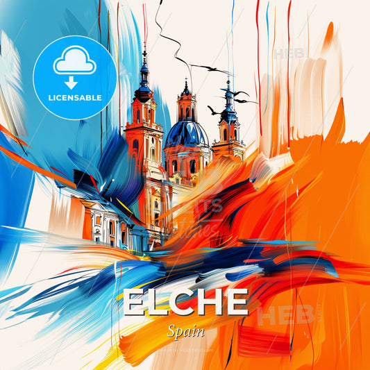 Vibrant Elche, Spain - A Painting Of A Building With A Blue Dome And Orange And White Paint - Square format print template