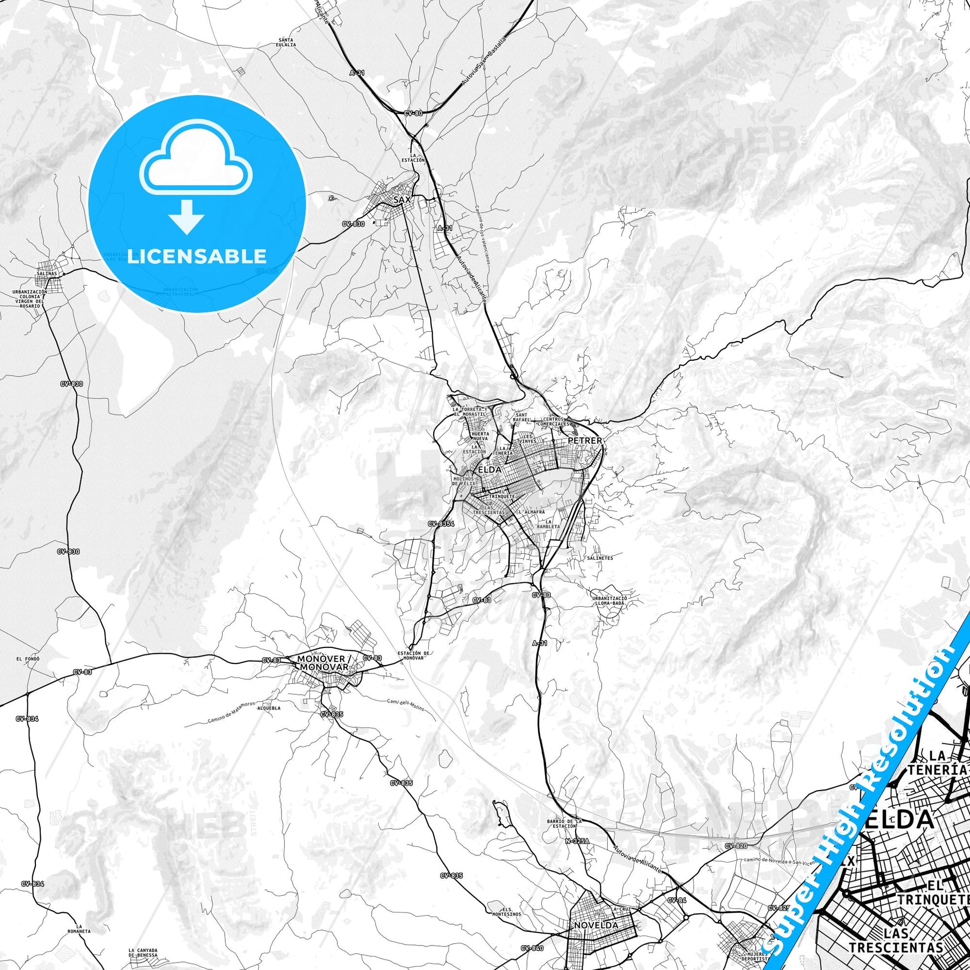 Elda, Spain light map with streetnames, citynames and districts
