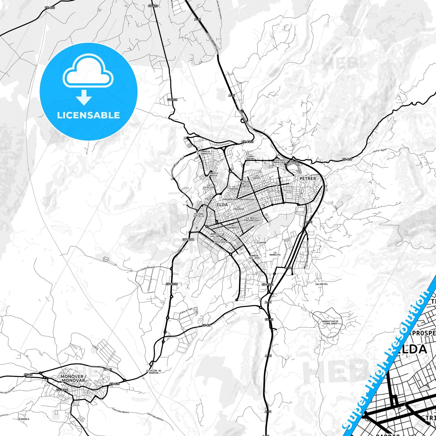 Elda, Spain Light Map with Street Names, City Names, and Districts
