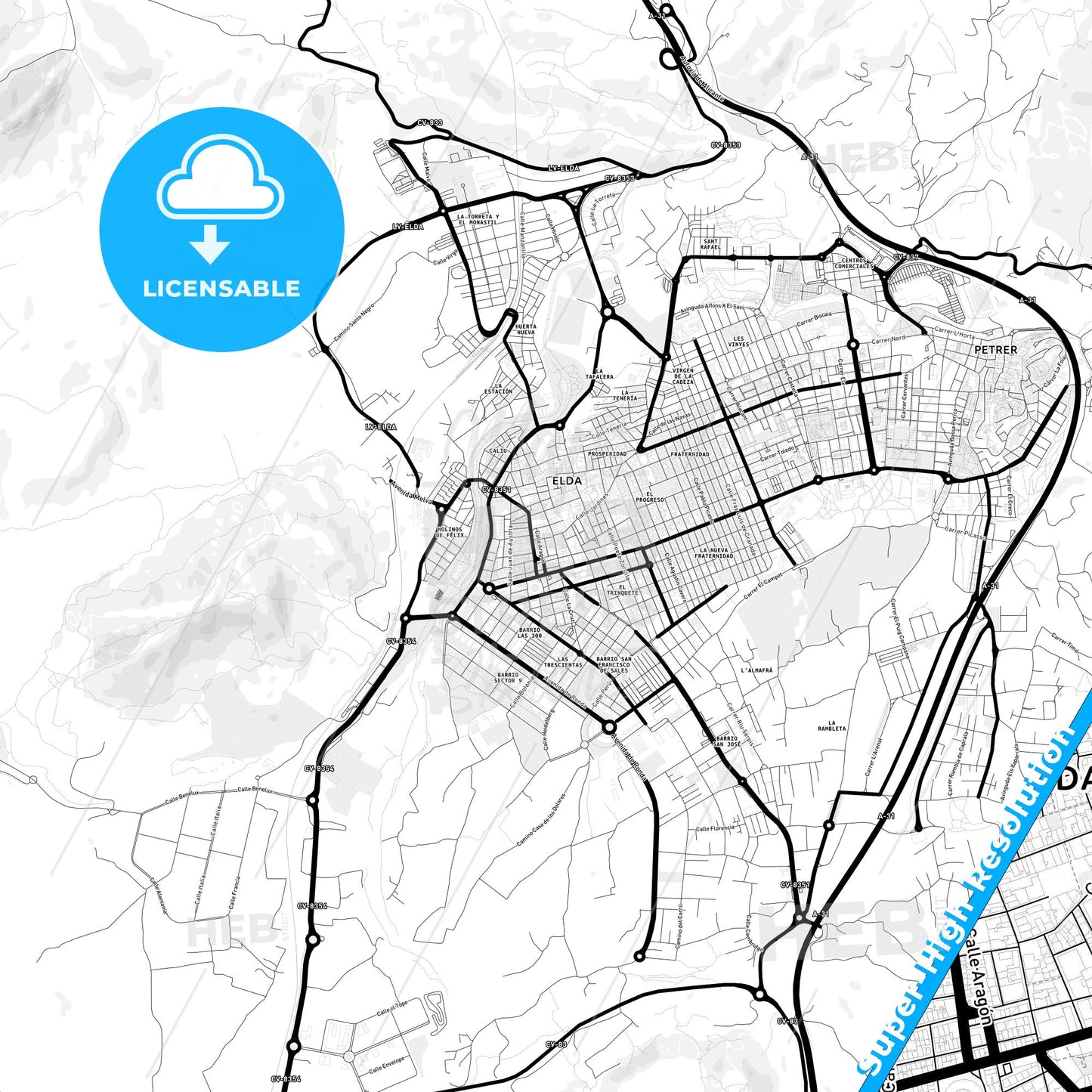 Elda, Spain Light Map with Street Names, City Names, and Districts