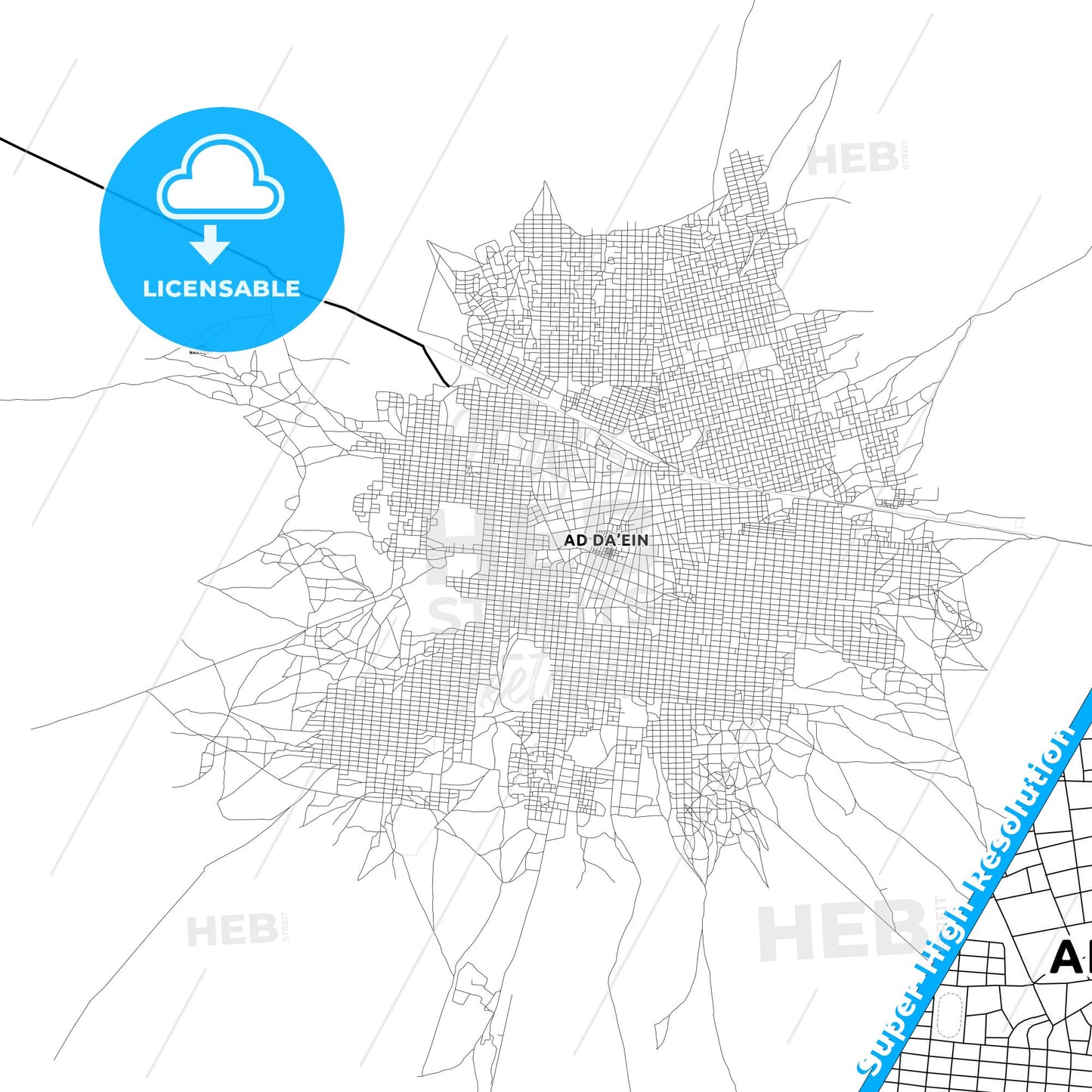 El Daein, Sudan Light Map with Street Names, City Names, and Districts