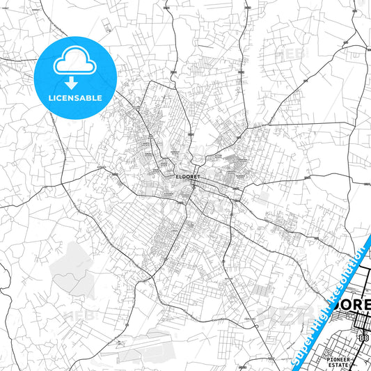 Eldoret, Kenya light map with streetnames, citynames and districts