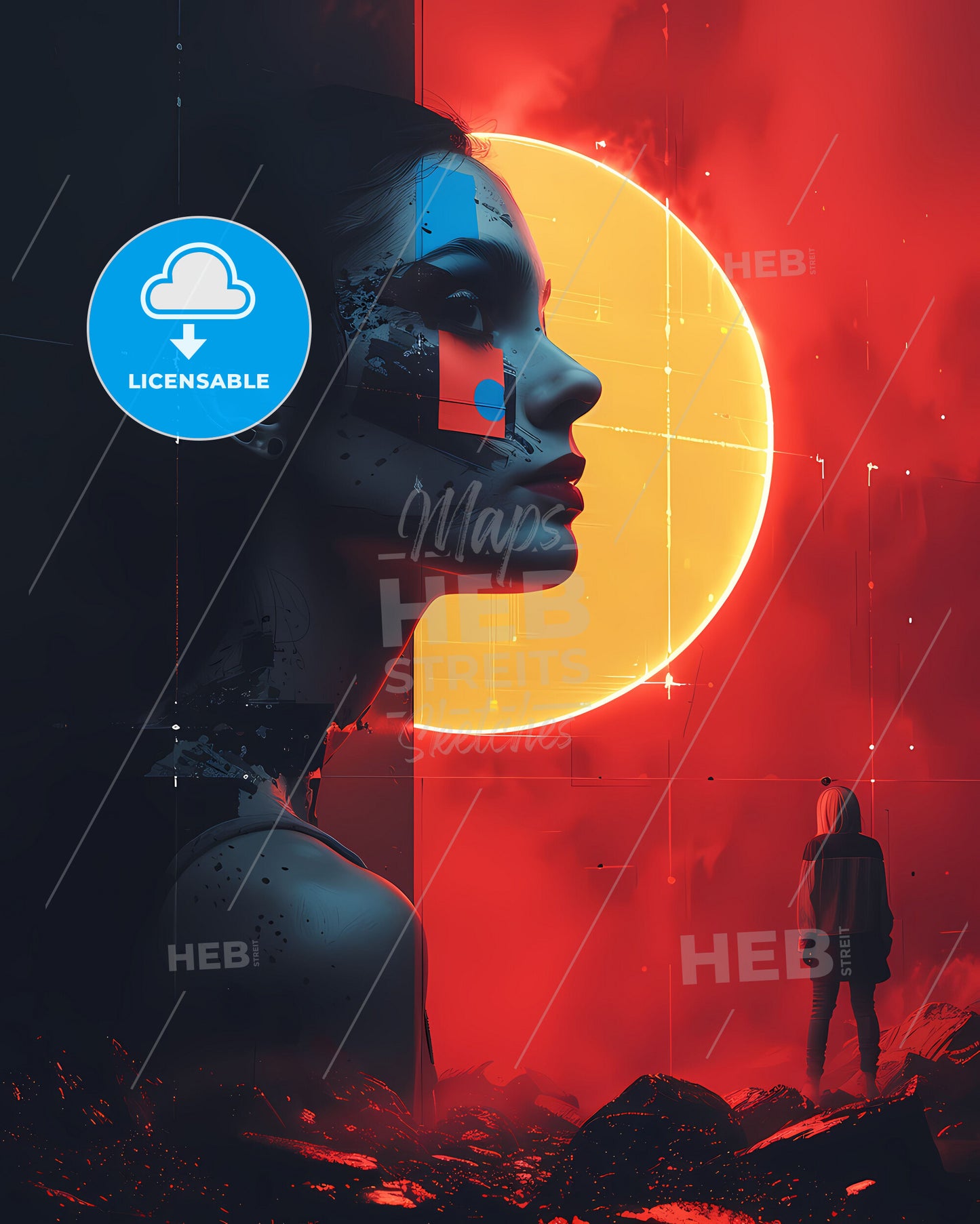 Minimalist Music Album Cover Art Featuring Vibrant Portrait of Woman Contemplating Individual in Sunlight