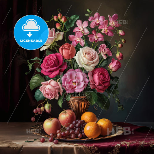 Elegance in Bloom: Exquisite Floral Still Life with Fresh Fruits in Refined Setting