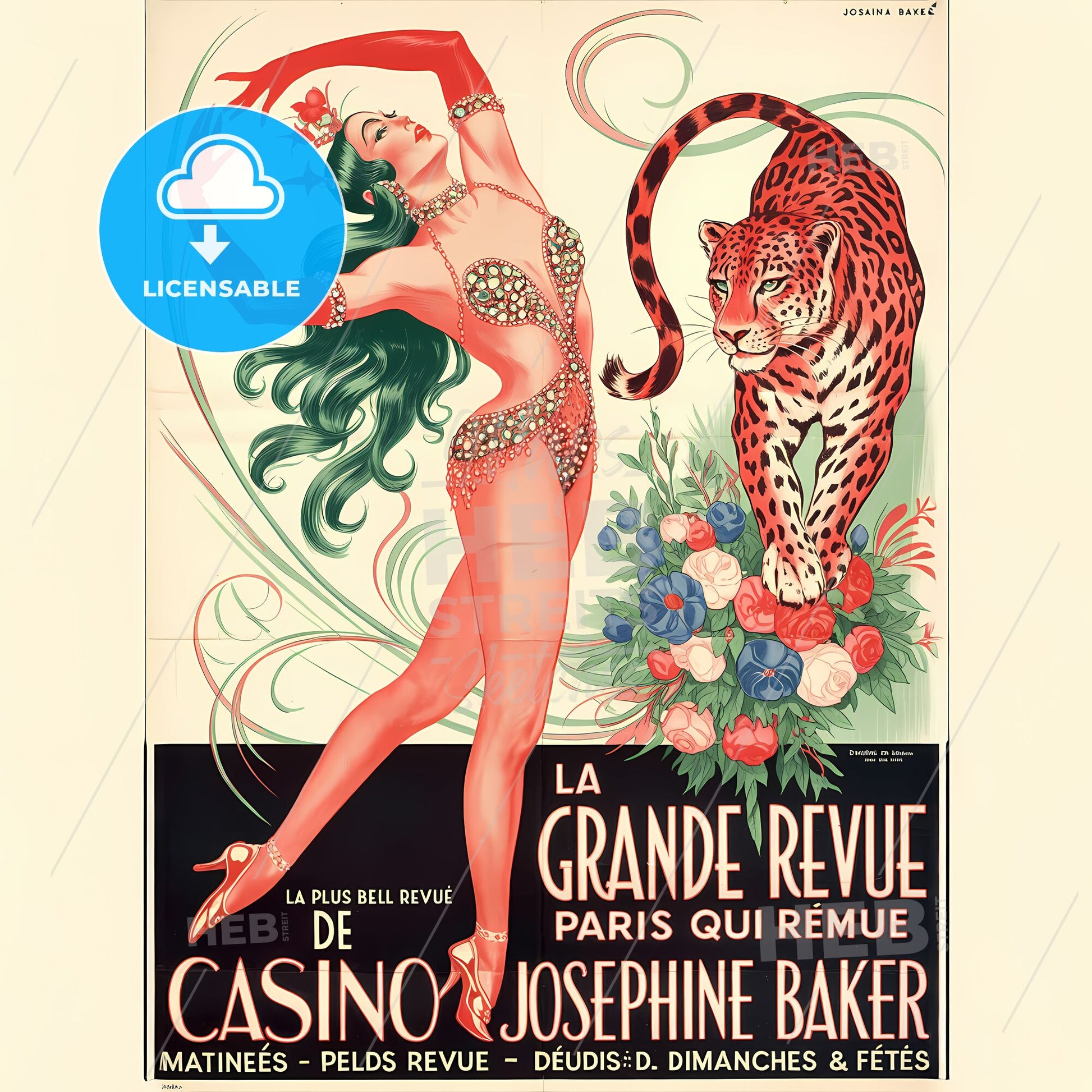 Elegant Art Deco Casino Dancer & Leopard - A Vintage Parisian Spectacle