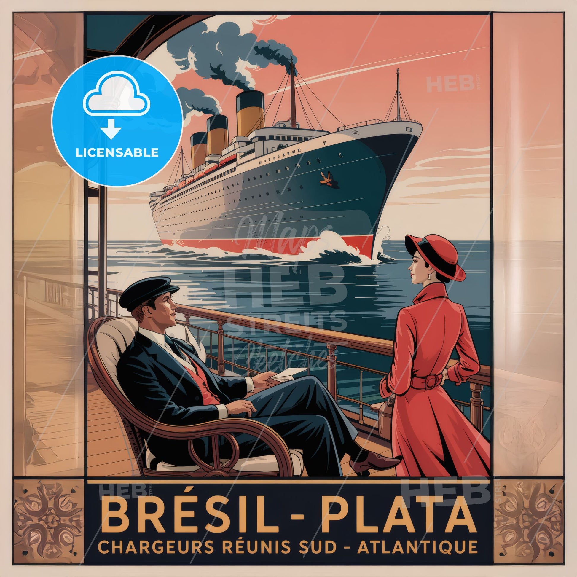 Elegant Art Deco French Maritime Poster: Luxurious Ocean Liner & Glamorous Travel