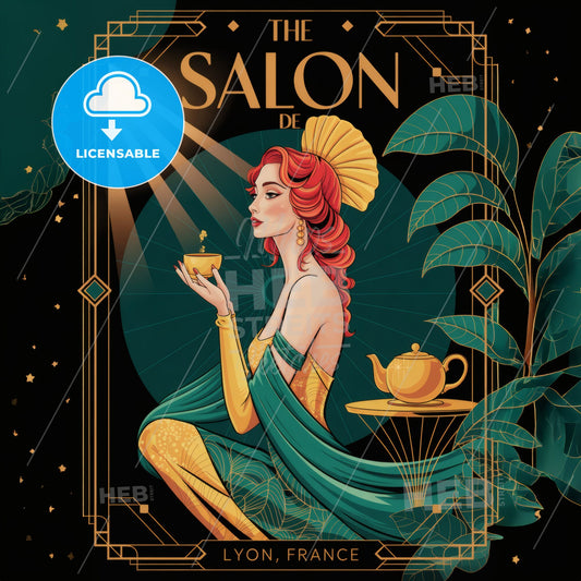 Elegant Art Deco Tea Salon Poster: Luxe Woman in Green & Gold, Lyon, France