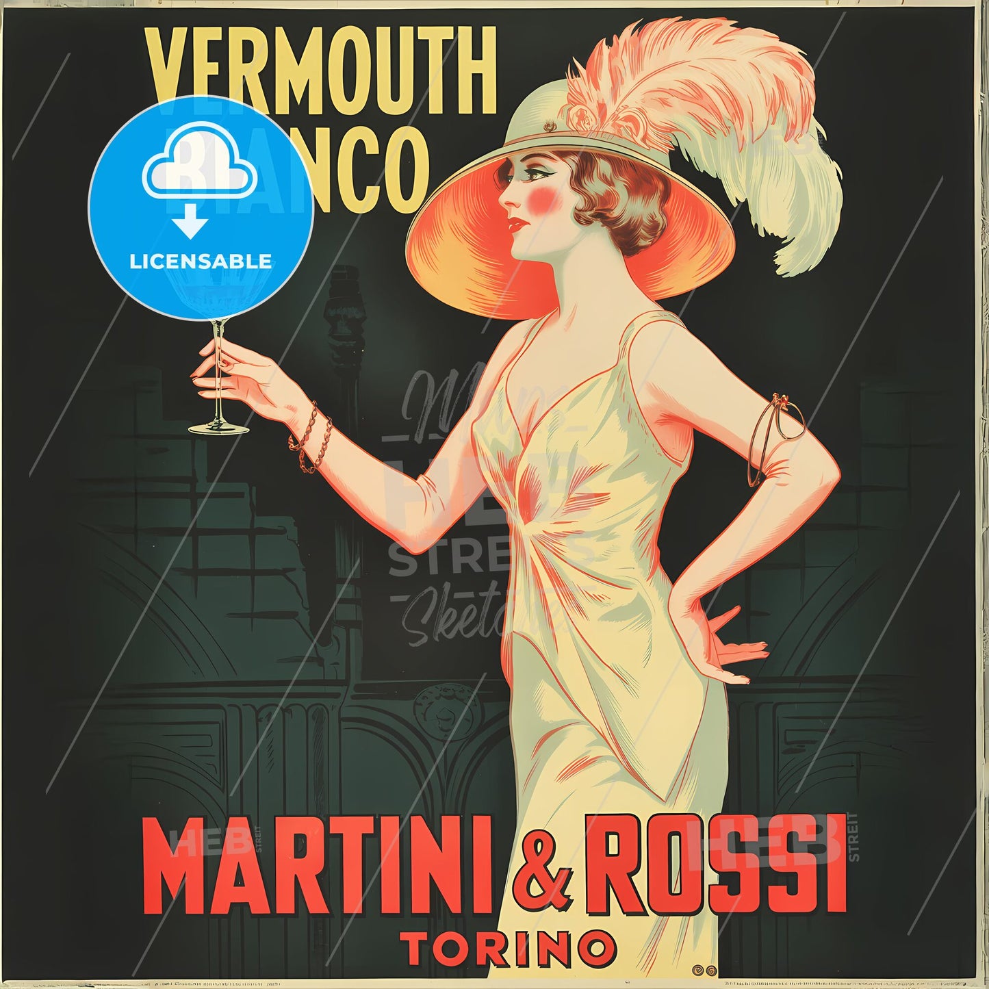 Elegant Art Deco Vermouth Bianco Poster with Enchanting Lady in Noir