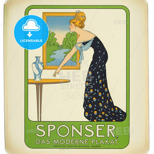 Elegant Art Nouveau Reverie: Vintage Print of a Lady in Yellow and Blue