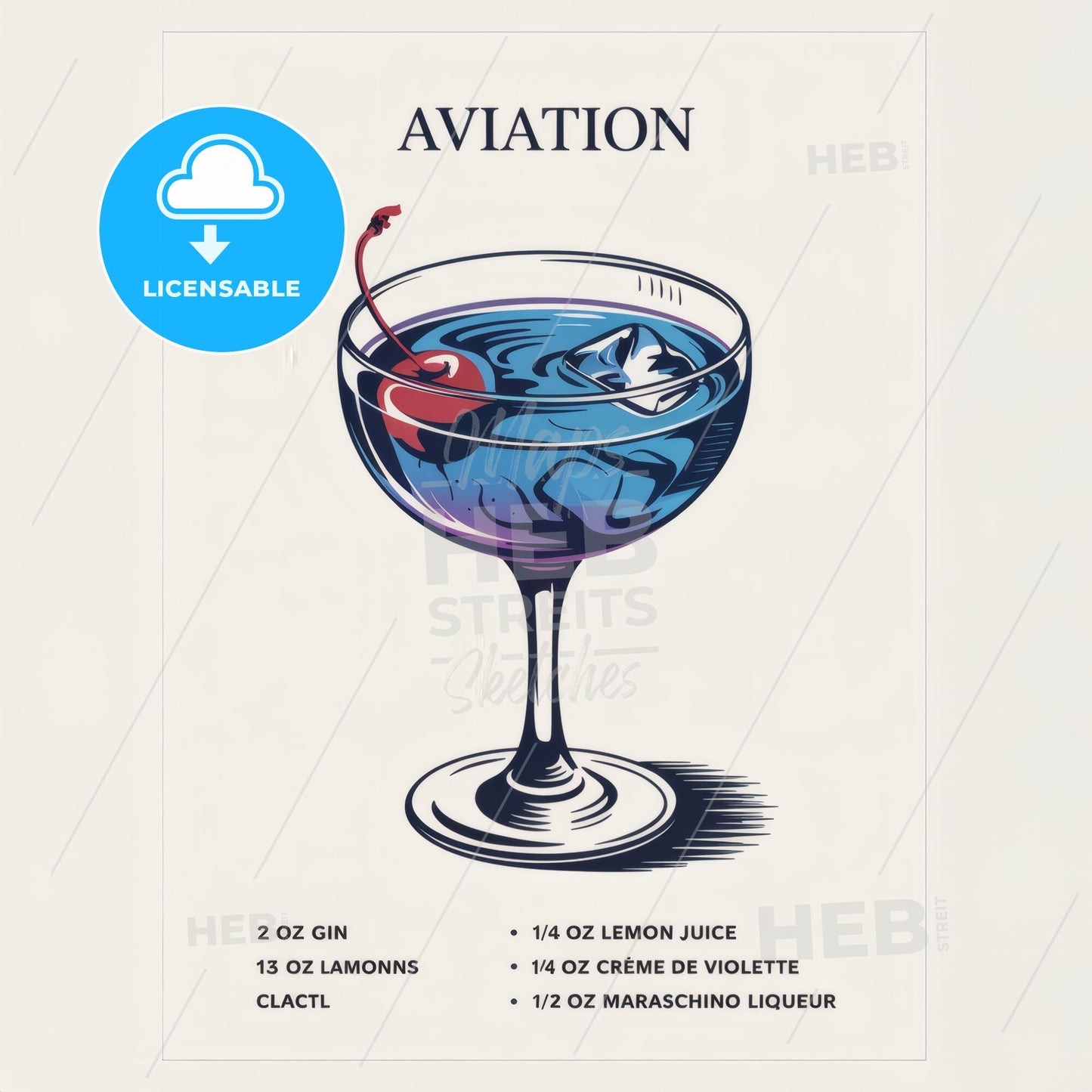 Elegant Aviation Cocktail Art Print: Vibrant Blue Mixology Recipe Card