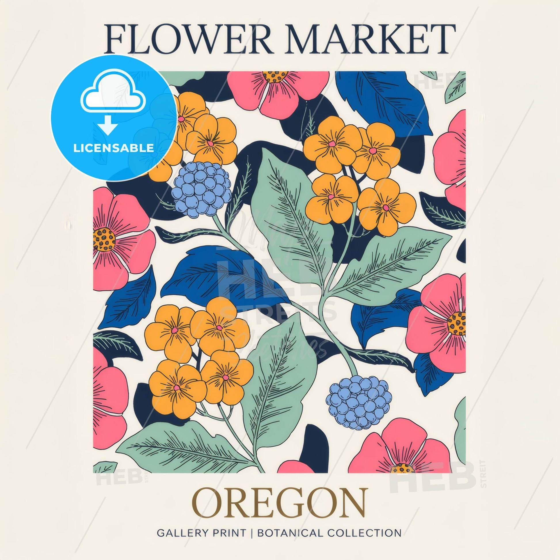 Elegant Botanical Gallery Print: Navy Floral Design with Golden Oregon Charm