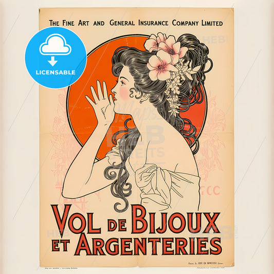 Elegantly Curved Art Nouveau Insurance Poster with Graceful Femme Profile