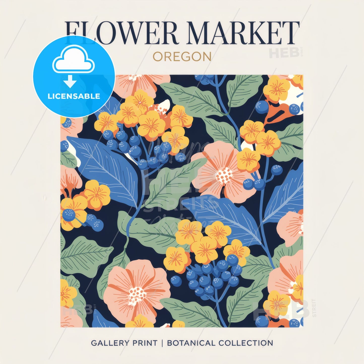 Elegant Floral Harmony: Navy Botanical Gallery Print with Vibrant Accents
