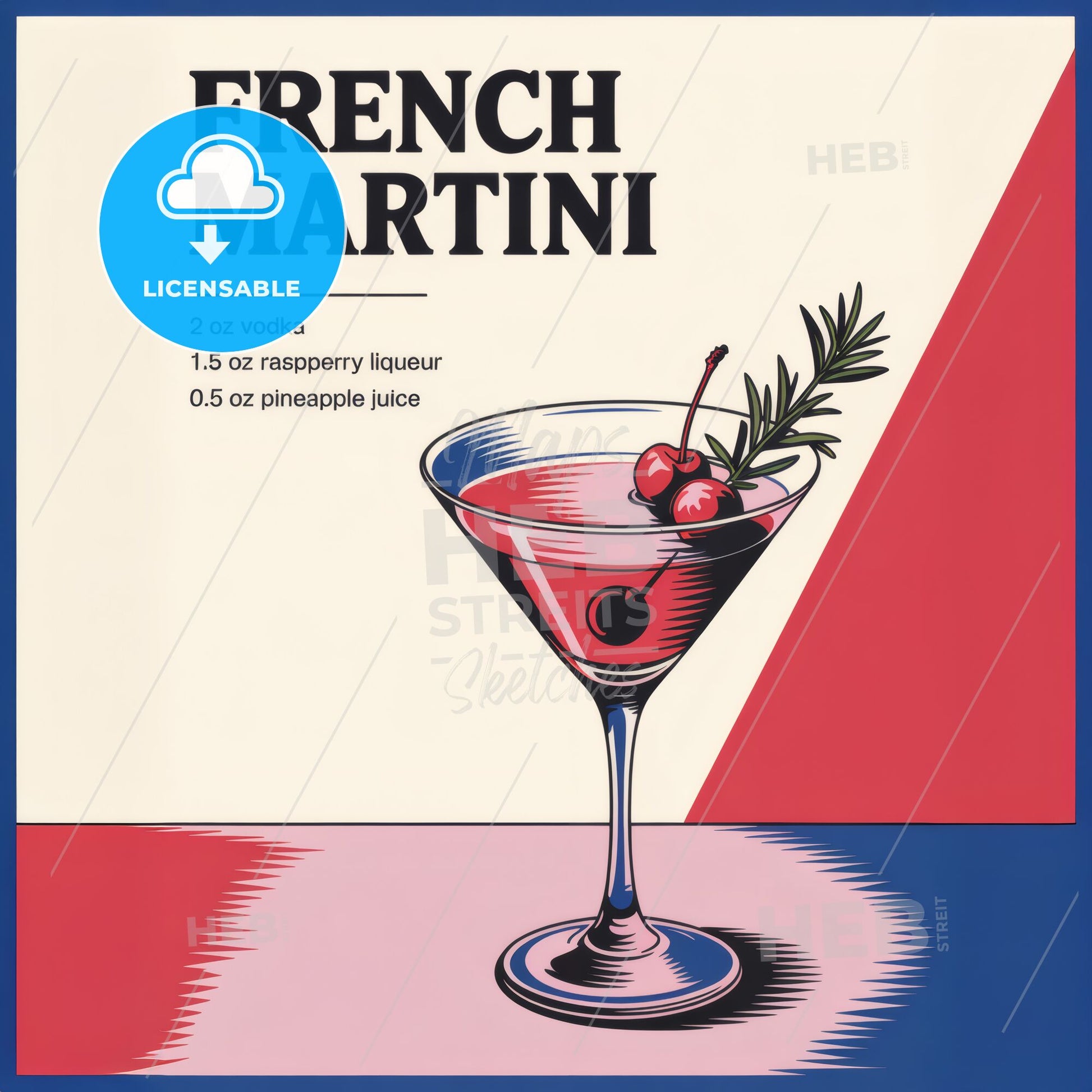 Elegant French Martini Recipe Art: Modern Minimalist Cocktail Print for Home Bar