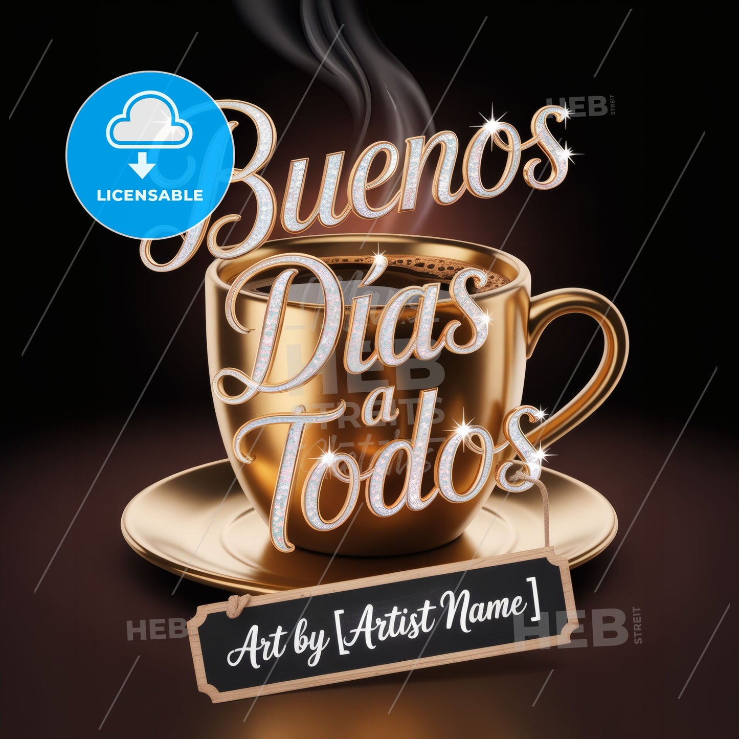 Elegant Golden Coffee Cup Design with Sparkling 'Buenos Días a Todos' Greeting for Morning Inspiration