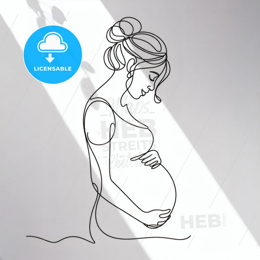 Elegant Line Art of a Pregnant Woman Embracing Motherhood in Soft Light