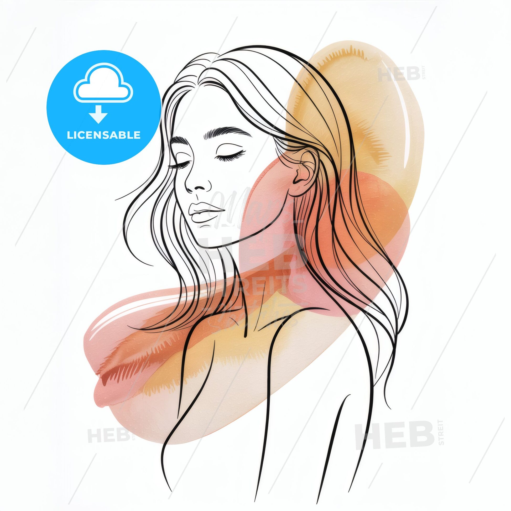 Elegant Line Art Portrait of a Serene Woman with Soft Watercolor Background